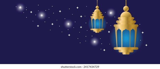 Drawn Arabic lanterns on blue background with space for text. Ba