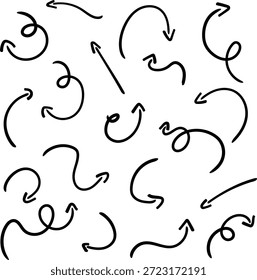 Conjunto de flechas dibujadas y dibujadas con textura de crayón: punteros direccionales curvos y rectos, espirales y ondulados para navegación o diseño de infografía. Marcas negras incompletas en bolso blanco para proyectos de Web e impresión.