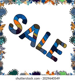 Drawn art sign. Sale banner template. Lettering in white, black and blue colors. Vector illustration. Seamless pattern. Lettering.