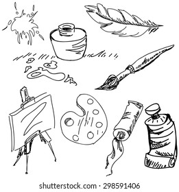 Drawn art stuff on isolated white background. Vector illustration