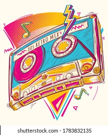 Drawn audio cassette and notes, colorful musical design