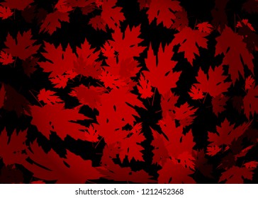 drawn autumn background with beautiful leaves, pattern texture. Red maple leaves, Vector black and dark red background