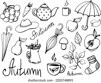Drawn autumn doodle. Autumn set. Sketch. Line art. Umbrella. Cloud. Leaves. Pullover. Autumn. October. November. Mushroom. Hat.