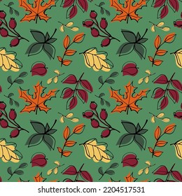 Drawn autumn pattern with colored leaves. October. November. Season. Autumn leaves. Thanksgiving Day. Fabric print. Textile. Floral autumn background. Tablecloth.