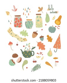 Drawn autumn set. Icons and objects of the autumn season. Illustrations for magazines, postcards, advertising, books.