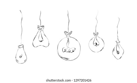 Drawn balloons in the form of light bulbs in a minimalist style in the form of wires for the interior, ideas, icons. Sketch.