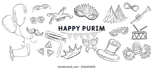 Drawn banner for Purim holiday on white background