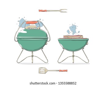 Drawn barbecue / grill elements  for restaurant menu or weekend outdoor lunch or picnic. Retro color design vector illustration. Steak on grill.
