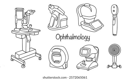 The drawn basic instruments are used by an ophthalmologist in his work to diagnose the patient’s vision and the reasons for its deviation from the norm. Modern ophthalmic medical equipment.