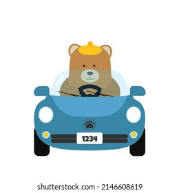 drawn bear in the car, multi-colored children's illustration, print, on a white background