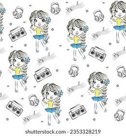 Drawn beautiful cute fashion girl. Wallpaper for girls. fashion style pattern. Vector illustration. Abstract seamless pattern for girls. Creative vector. Seamless pattern for girls. 