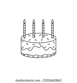 drawn birthday cake with candles outline illustration coloring book page for kids , clip art , simple