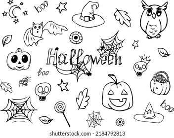 Drawn in black halloween doodle. Pumpkin. October 31. Autumn traditional holiday. Halloween set. Decoration elements for invitations. Owl. Witch hat. Wizard hat. Web. Spider. Mystic.