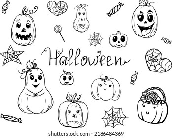 Drawn in black halloween doodle. Pumpkin. October 31. Autumn traditional holiday. Halloween set. Decoration elements for invitations. Web. Spider. Mystic. Pumpkin set. Autumn. Halloween. Autumn party.