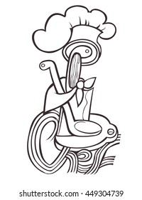 Drawn black hat chef cook on white background in style of engravings.
