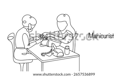 Drawn with a black line, a manicurist performing procedures of edged and hardware manicure and covering nails with gel polish. Procedure of nail care on hands in a salon. Women's manicure.