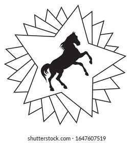  drawn black silhouette of a horse in a star-shaped frame, monochrome image on a white background 