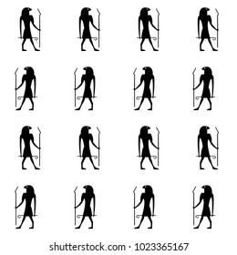 Drawn black silhouette repeating pattern isolated on white background. Egypt hieroglyph vector pharaoh god for wallpapers, wrapping paper, textile or fabric, history book. Creative artwork print.