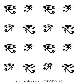 Drawn black silhouette repeating pattern isolated on white background. Egypt hieroglyph vector god backdrop for wallpapers, wrapping paper, textile or fabric print, history book. Creative eye artwork.