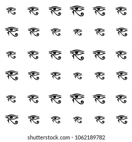 Drawn black silhouette repeating pattern isolated on white background. Egypt hieroglyph vector god backdrop for wallpapers, wrapping paper, textile or fabric print, history book. Creative eye artwork.