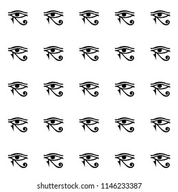 Drawn black silhouette repeating pattern isolated on white background. Egypt hieroglyph vector god backdrop for wallpapers, wrapping paper, textile or fabric print, history book. Creative eye artwork.