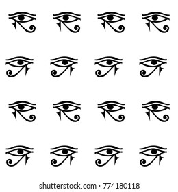 Drawn black silhouette seamless pattern isolated on white background. Egypt hieroglyph vector god backdrop for wallpapers, wrapping paper, textile or fabric print, history book. Creative eye artwork.