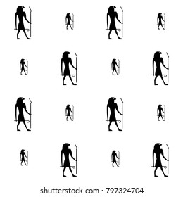 Drawn black silhouette seamless pattern isolated on white background. Egypt hieroglyph vector pharaoh god for wallpapers, wrapping paper, textile or fabric, history book. Creative artwork print.