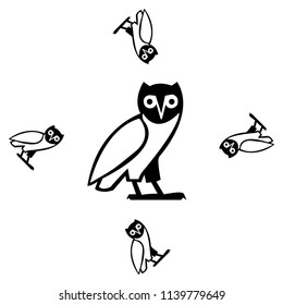 Drawn black and white bird background template. Creature vector backdrop with owl for wallpapers, wrapping paper, textile or fabric print, book or brochure. Animal artwork with popgun.