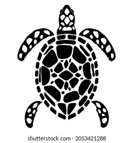 Drawn black and white flat silhouette of a turtle. The head, paws, shell, patterns on the body are visible. Top view of a turtle. The turtle is swimming or lying down.