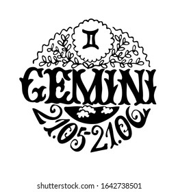Drawn black and white vector illustrations of the Gemini zodiac sign. The Style Of Art Deco. The circular composition is decorated with floral elements. A handwritten name. The astronomical date.
