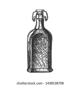 Drawn Blank Whisky Bottle With Flip Cap Vector. Ink Design Sketch Retro Bottle Of Typically Aged Alcoholic Beverage. Mockup Monochrome Black And White Template Glass Container Cartoon Illustration