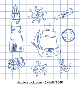 Drawn with a blue pen in a notebook ship, lighthouse, steering wheel and other sea adventures, vector illustration