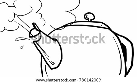 Drawn boiling kettle with steam.  Blak and white vector sketch. Simple drawing isolated at white. Close up.
