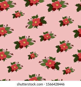 Drawn bouquet of flowers with green leaves and holly berries. Seamless pattern. Vector illustration.