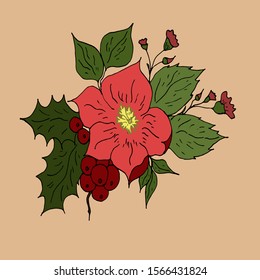 Drawn bouquet of flowers with green leaves and holly berries. Vector illustration.