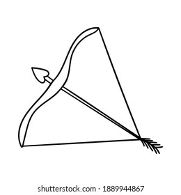 Un arco dibujado y una flecha. Elemento de diseño decorativo para el Día de San Valentín. Ilustración de esquema simple dibujada a mano y aislada en un fondo blanco. Vector blanco negro