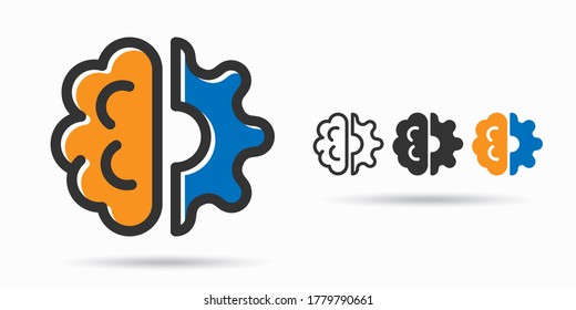 A drawn brain and gear icon, vector illustration