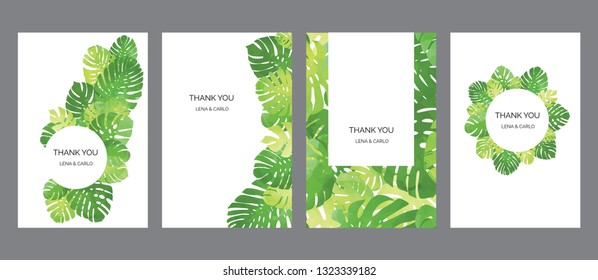 Drawn bright tropic monstera cards templates set, universal design
