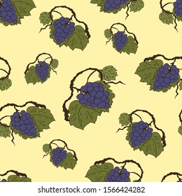 Drawn bunch of fresh purple grapes with leaves. Seamless pattern. Vector illustration