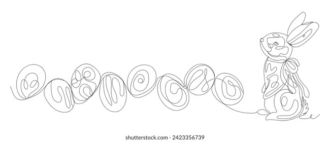 Drawn bunny and Easter eggs on white background