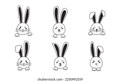 Drawn bunny vector icon, doodle rabbit set, cute animal head, cartoon simple character isolated on white background. Funny illustration