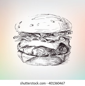 Drawn burger beef and salad, fastfood king. 