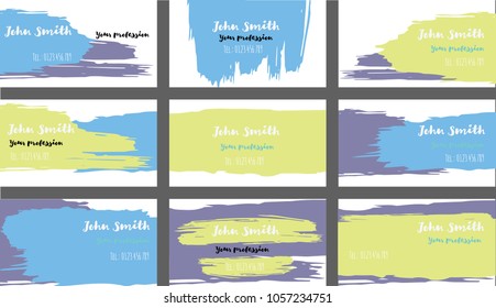 Drawn Business Cards Vector Template Collection. Branding Paint Brush Strokes Banners Set. Creative Modern Grungy Retro Graphic Ads Backgrounds. Funky Strokes Business Cards Vector Template.