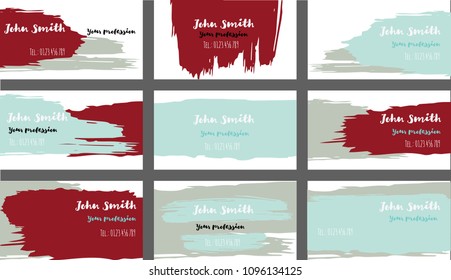 Drawn Business Cards Vector Template Collection. Ink, Oil Paint Brush Strokes Cool Banners Set. Creative Modern Grungy Cute Graphic Ads Backgrounds. Hipster Stripes Business Cards Vector Template.