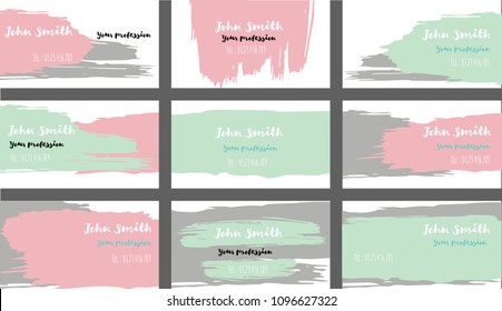 Drawn Business Cards Vector Template Collection. Natural Paint Brush Strokes Cool Banners Set. Creative Modern Grungy Cute Graphic Ads Backgrounds. Hipster Stripes Business Cards Vector Template.