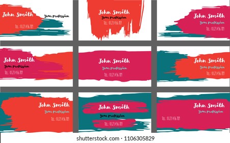 Drawn Business Cards Vector Template Collection. Branding Paint Brush Strokes Banners Set. Creative Modern Grungy Retro Corporate Identity. Hipster Strokes Business Cards Vector Template.