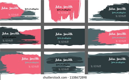 Drawn Business Cards Vector Template Collection. Natural Paint Brush Strokes Cool Banners Set. Creative Modern Grungy Retro Corporate Identity. Funky Hipster Business Cards Vector Template.