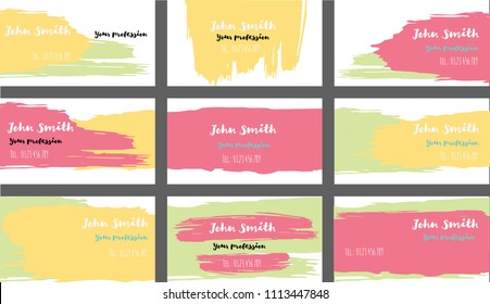 Drawn Business Cards Vector Template Collection. Natural Paint Brush Strokes Cool Banners Set. Creative Modern Grungy Cute Graphic Ads Backgrounds. Hipster Strokes Business Cards Vector Template.