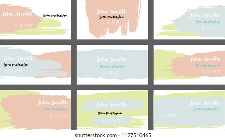 Drawn Business Cards Vector Template Collection. Ink, Oil Paint Brush Strokes Cool Banners Set. Creative Elegant Grungy Retro Corporate Identity. Hipster Strokes Business Cards Vector Template.