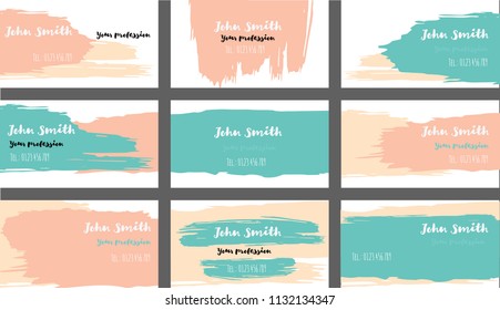 Drawn Business Cards Vector Template Collection. Funky Paint Brush Strokes Cool Banners Set. Creative Atristic Grungy Retro Corporate Identity. Funky Hipster Business Cards Vector Template.